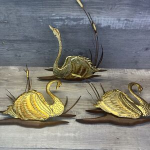 MCM Brass Wood Swan Wall Decor Pair by HOMCO Cattails Retro Boho Vintage lot 3